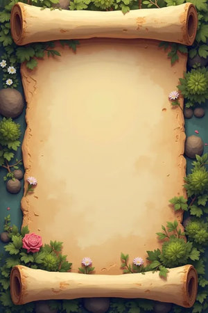 Old paper scroll with flowers and plants on green background. Vector illustration.の素材