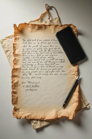 Old paper with a pen and a mobile phone on a white backgroundの素材