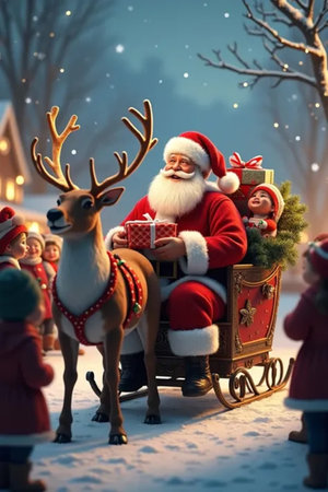 Santa Claus with reindeer and gifts in sleigh. Christmas concept.の素材