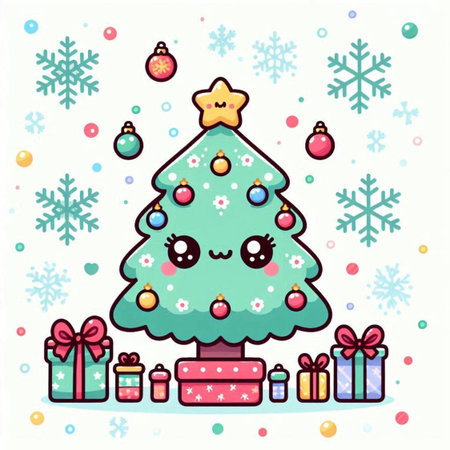 Christmas tree with gifts and snowflakes. Cute cartoon vector illustration.の素材