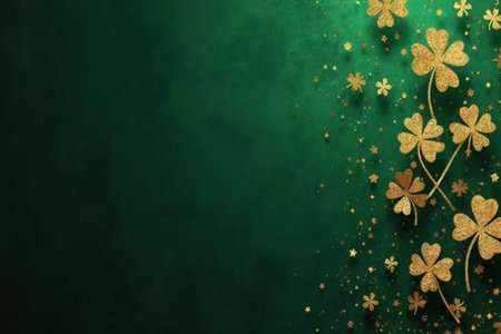 St. Patrick's Day background with gold clover leaves on dark green backgroundの素材