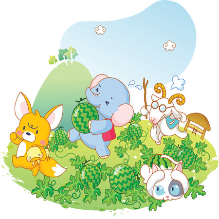 Illustration of Cute Animals in the Green Landscape - Vectorのイラスト素材