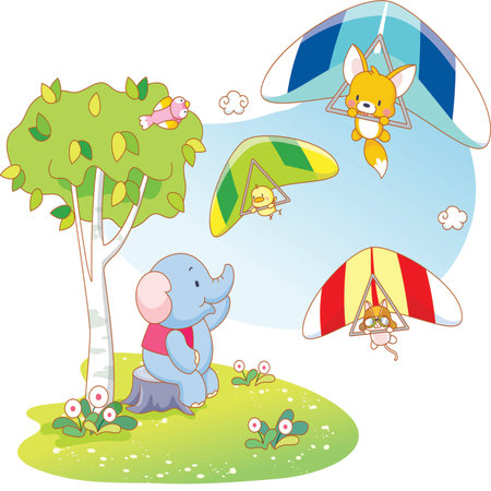 Illustration of a Cute Elephant and a Paragliderのイラスト素材