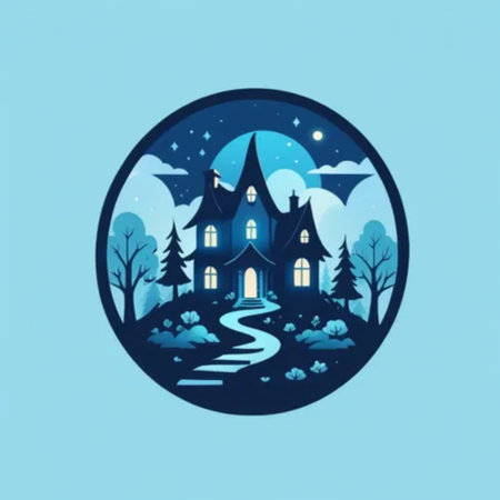 Night landscape with a house in the shape of a circle. Vector illustration.の素材