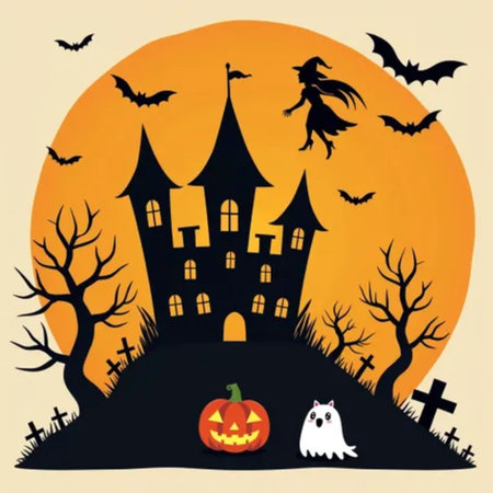 Halloween card with haunted house, ghost and bats. Vector illustration.の素材
