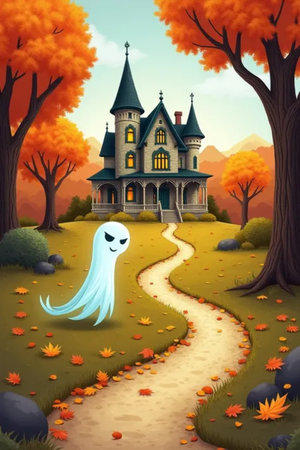 Halloween background with haunted house and ghost in the forest - illustration for childrenの素材