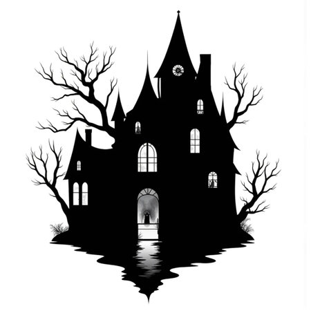 Halloween haunted house with spooky tree and reflection on water vector illustrationの素材