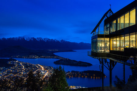 Queenstown city skyline at night lake Wakatipu South Island New Zealandの写真素材