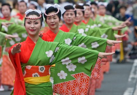 Kagoshima City, October 26th, 2008. Women in kimono dancing in a symmetrical line during the Taniyama Furusato Matsuri.のeditorial素材