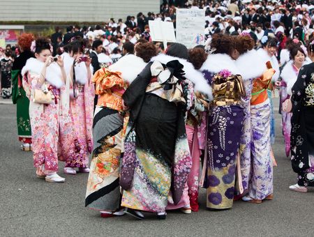 Kagoshima City, Japan, January 10, 2010.   Women in kimono celebrate Coming of Age Day outside the prefectural  culture centerのeditorial素材