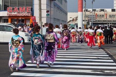 Kagoshima City, Japan, January 10, 2010.   Women in kimono celebrate Coming of Age Day のeditorial素材