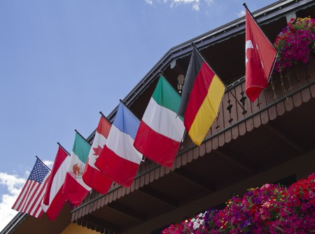 Flags from many countries hang outside a business in Vali, Coloradoの写真素材