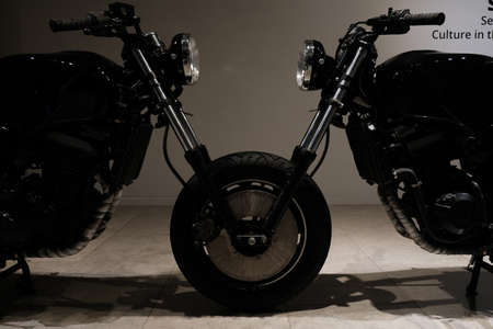 Two Motorcycle Share Front Tire Art Exhibit ACA Lafayetteのeditorial素材