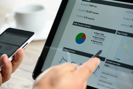 Charts and analytical data on the tablet screen with a cup of coffee and a telephone.