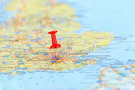 Map of The United Kingdomwith red push pin shows London City as a business target concept.の写真素材