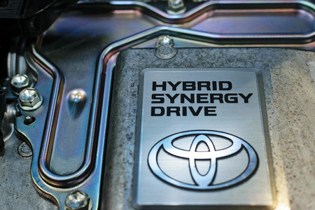 Krakow, Poland, May 21, 2017: Toyota Hybrid Synergy Drive sign close-up during MotoShow in Krakow. Toyota is a famous Japanese multinational automaker.のeditorial素材