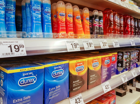 Nowy Sacz, Poland - July 07, 2017: Various Durex products for sale in a Carrefour Hypermarket. Durex...