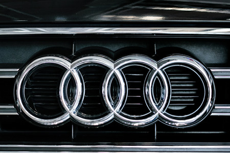 Rzeszow, Poland, May 28, 2017: Audi sign close-up during Automative Exhibition in Rzeszow. Audi is a German automobile manufacturer of luxury vehicles.のeditorial素材