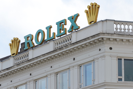 Copenhagen, Denmark - July 24, 2017: Rolex Company sign on the top of the building in Copenhagen. Rolex is a famous Swiss manufacturer of high-quality, luxury wristwatches.のeditorial素材