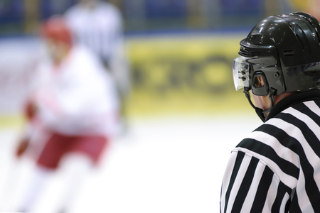 Hockey sport background - rear view of the referee against the blurry hockey game.の写真素材