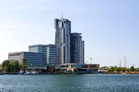 Gdynia, Poland - July 28, 2018: Cityscape with the port wharf and modern architecture buildings.Port...
