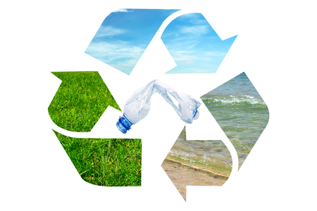 Composite image of global environment conservation - plastic garbage bottle inside recycle signの写真素材