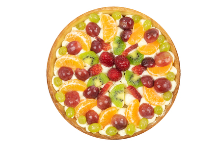 Top view of a fresh homemade multi-fruit tart cake isolated on a white background (high details).の写真素材