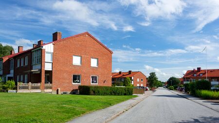 Veberod, Sweden - July 22, 2017:  Panoramic view of typical Swedish buildings multi-family houses in a small town and on the outskirts of the agglomeration.のeditorial素材