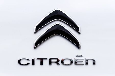 Kielce, Poland, March 16, 2019:  New Citroen Auto emblem on a car rear hood in close-up. Citroen is a famous French automobile manufacturer, part of the PSA Peugeot Citroen group.のeditorial素材