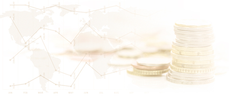 Wide digital screen with real time stock market index and money coins (mixed)の写真素材