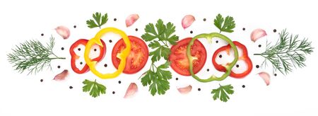 Mediterranean food ingredients - flat lay decoration of multicolor peppers, garlic, dill, parsley,...