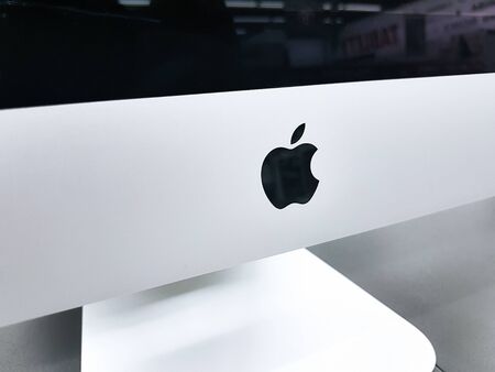 Tarnow, Poland - October 14, 2019:Close-up of the Apple logo on the new iMac Pro the all-in-one personal computer in the Apple Computers Store.のeditorial素材