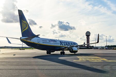 Gdansk; Poland - August 09; 2019: Ryanair airplane at the international airport in Gdansk. Ryanair is one of the largest low-cost airline based in Ireland.のeditorial素材