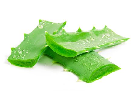 Fresh aloe vera leaves with water drops isolated on white background in close-upの写真素材