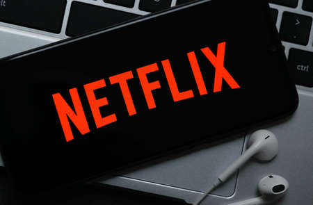 Krakow, Poland - October 07, 2020: Netflix application sign on the smartphone screen. Netflix is a famous provider of Internet streaming  service for watching videoのeditorial素材