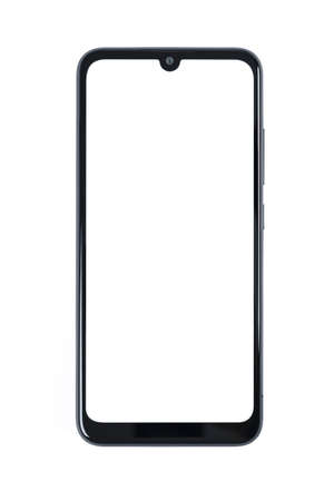Front view of a new modern black frameless smartphone mockup with blank white screen isolated on a white background (high details).の写真素材