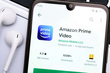 Krakow, Poland - November 08, 2020: Amazon Prime Video application  in Google Play Store. Amazon Prime Video is famous online streaming video service.のeditorial素材
