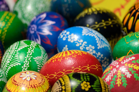 Collection of traditional multi-colored Easter eggs in close-up.の写真素材