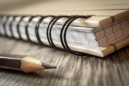 Pencil and notebook on wooden table. Shallow depth of field