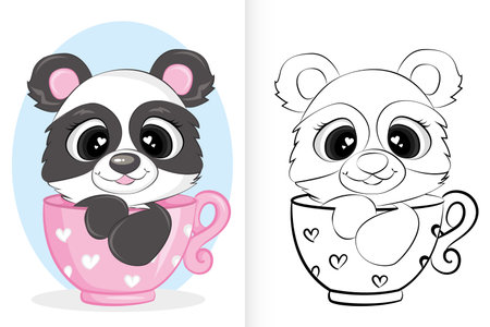 Cute panda in cup. coloring book for preschool children.のイラスト素材