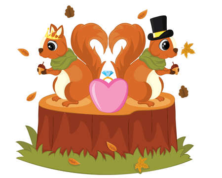 Cute Cartoon Squirrel Couple. Two Squirrel with tails in a shape of a heart, love concept, romantic logo, valentine day.のイラスト素材