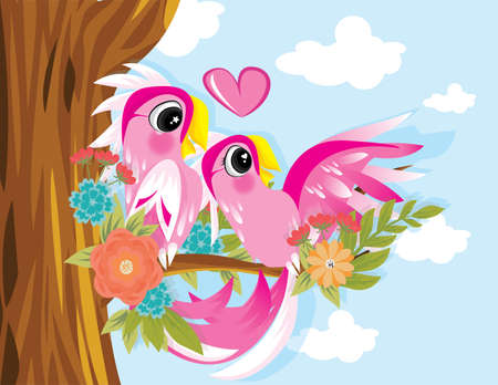 couple cockatoo open wing, parrot pink with tree vector for valentine's day cardのイラスト素材