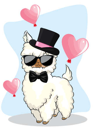 Cute cartoon llama with balloon hearts. Happy Valentine's day greeting card.のイラスト素材