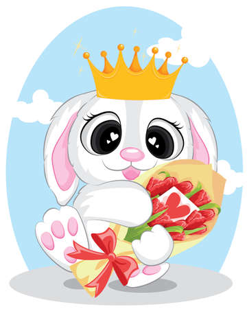 Bunny with bouquet of flowers and crown. Valentines day concept.のイラスト素材