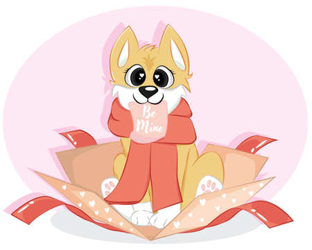 Cute puppy in a gift box with be mine text.のイラスト素材