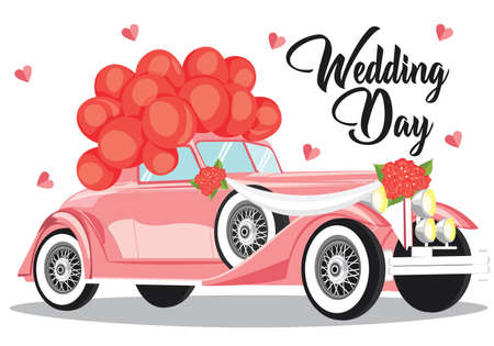 wedding invitation with just married retro car and white balloons. wedding day vector.のイラスト素材