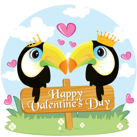 two toucans in love sitting on a branch. Tropical love. Happy valentine day card.のイラスト素材