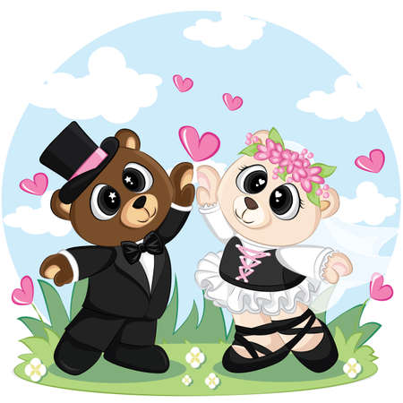 Bride and groom wedding couple cute bear. Cute bears in wedding suit and dress. Happy valentine day card template.のイラスト素材