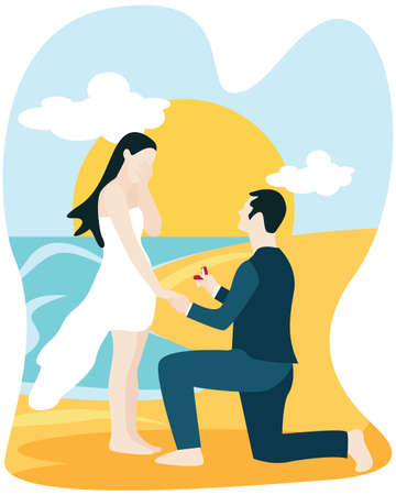Will you marry me concept, Asian man on his knees asking his girlfriend to marry on the beach.のイラスト素材