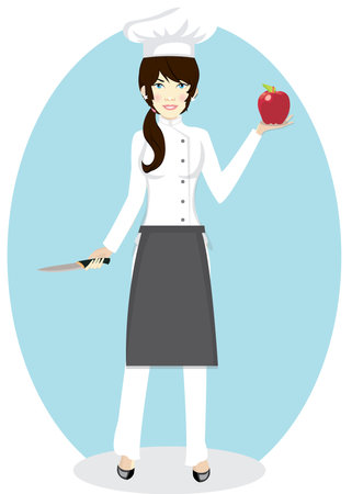 Portrait of female chef with a apple and knife on blue background. Vector, Illustrationのイラスト素材